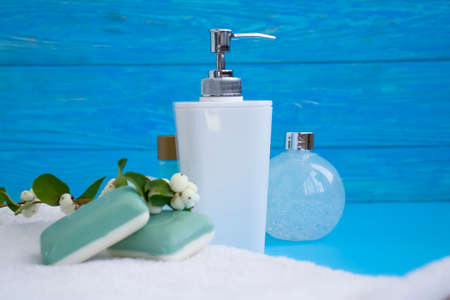 different bathroom accessories on a colored backgroundの写真素材