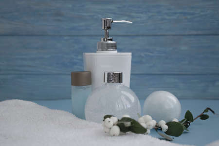 different bathroom accessories on a colored backgroundの写真素材