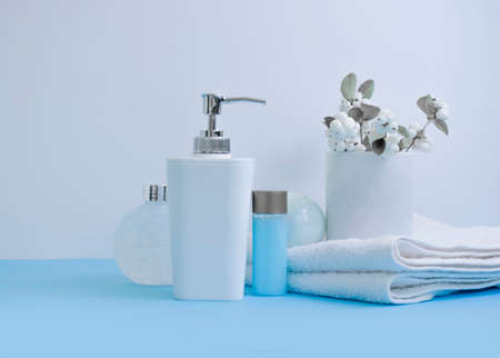 different bathroom accessories on a colored backgroundの写真素材