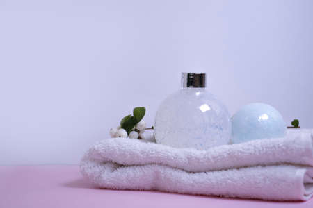 different bathroom accessories on a colored backgroundの写真素材