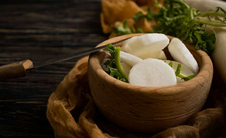 chinese radish on wooden backgroundの写真素材