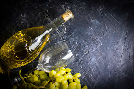 wine, grapes glass on concrete backgroundの写真素材