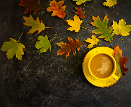coffee cup autumn leaves on concrete background