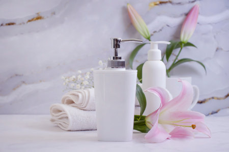 bathroom accessories, flower on marble backgroundの写真素材