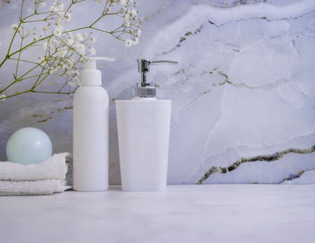 bathroom accessories, flower on marble backgroundの写真素材