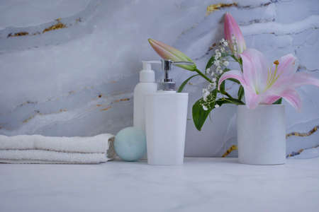 bathroom accessories, flower on marble backgroundの写真素材