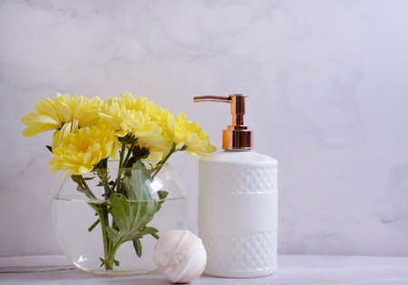 bathroom accessories, flower on marble backgroundの写真素材