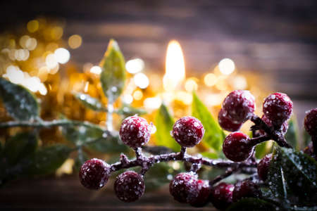 festive christmas background, candle, christmas tree branchの写真素材