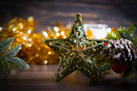 festive christmas background, candle, christmas tree branch