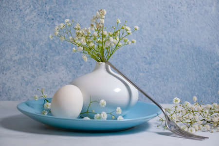 plate, white egg gypsophila flower season decorationの写真素材