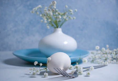 plate, white egg gypsophila flower season decorationの写真素材