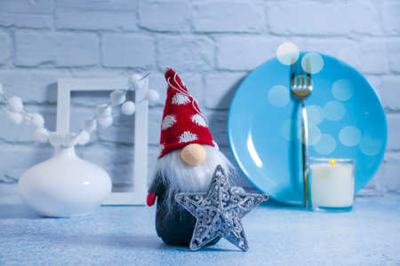 cute gnome on a plate christmas backgroundの写真素材