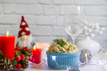 olivier salad in a plate christmas backgroundの写真素材