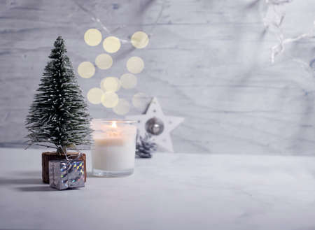 decorative christmas tree on wooden backgroundの写真素材