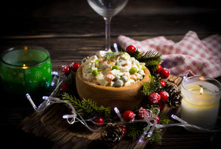 festive salad olivier, christmas backgroundの写真素材