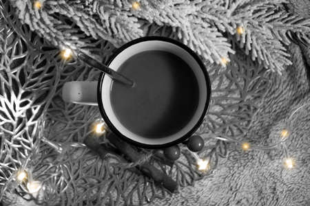 cup of coffee christmas tree branch, festive backgroundの写真素材