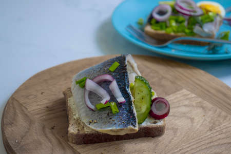 herring sandwich blue onion on wooden backgroundの写真素材