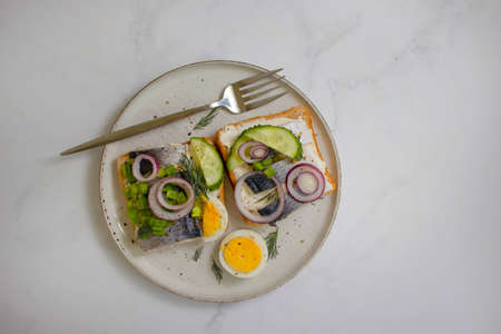 herring sandwich blue onion on wooden background