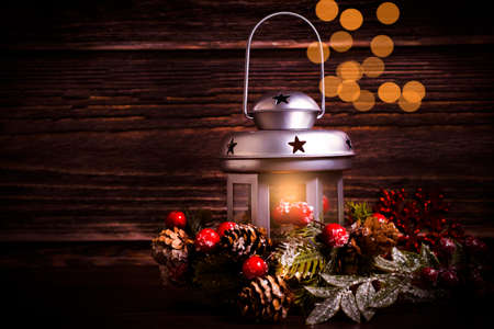 lantern, christmas tree branch festive backgroundの写真素材