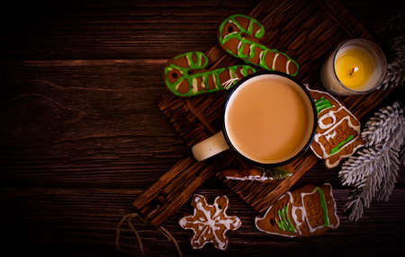 delicious christmas cookies coffee cup, branchの写真素材