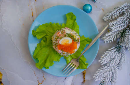 salad olivier, red caviar festive backgroundの写真素材