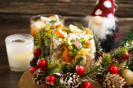 delicious salad olivier christmas backgroundの写真素材