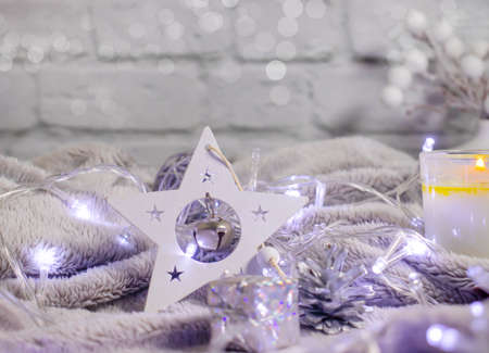 candle, branch of a Christmas tree beautiful Christmas backgroundの写真素材