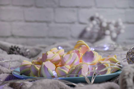 delicious marshmallows garland festive backgroundの写真素材
