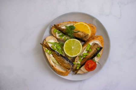 sandwich in a can, fresh dill on wooden backgroundの写真素材