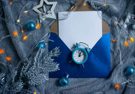envelope, christmas tree branch, alarm clock christmas background