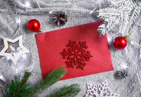 envelope, christmas tree branch, alarm clock christmas backgroundの写真素材