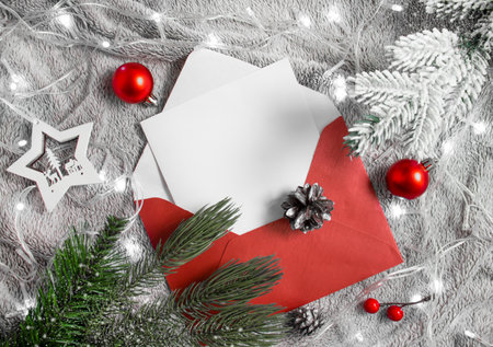 envelope, christmas tree branch, alarm clock christmas background