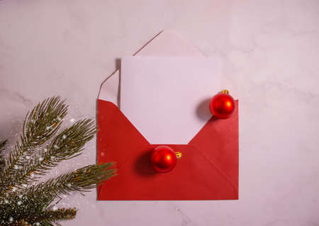 envelope, christmas tree branch christmas backgroundの写真素材