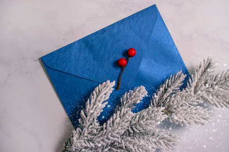 envelope, christmas tree branch christmas backgroundの写真素材