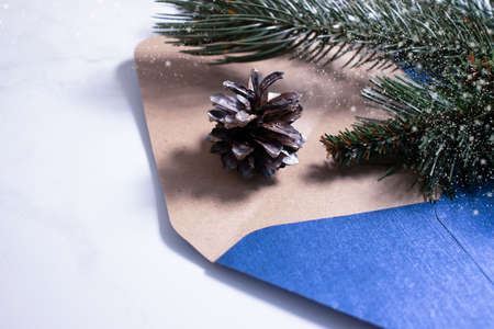 envelope, christmas tree branch christmas backgroundの写真素材