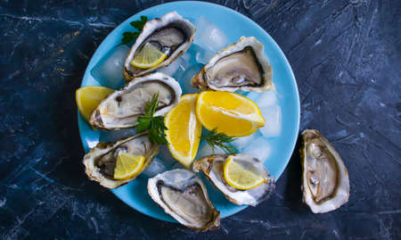 Fresh oysters oyster pieces lemon iceの写真素材