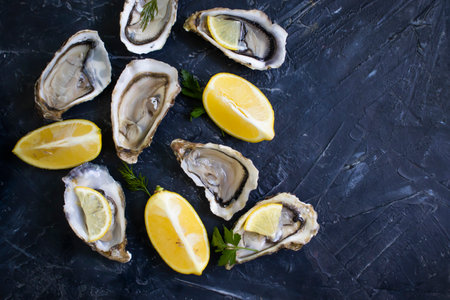 Fresh oysters oyster pieces lemon iceの写真素材