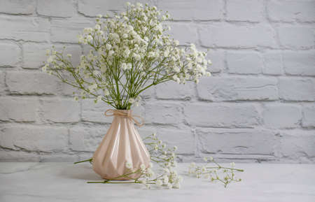 gypsophila flower in a vase on a brick background