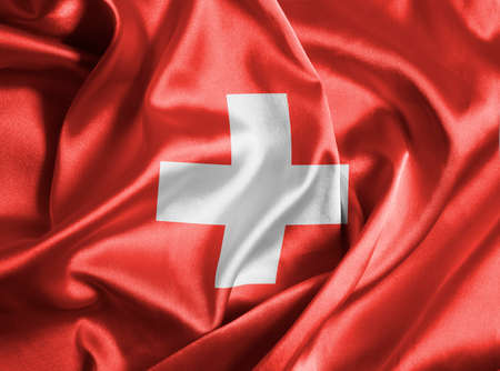 Swiss flag silk closeup backgroundの写真素材