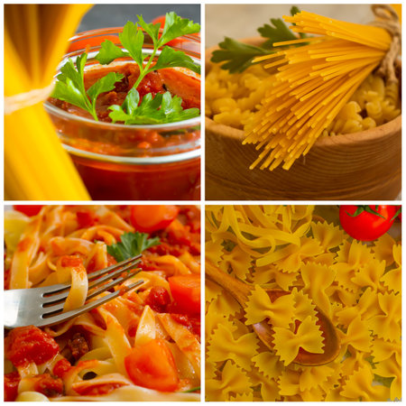 pasta, fresh tomatoes collage backgroundの写真素材