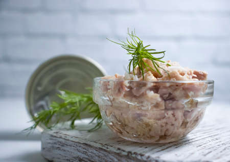 Canned fish, jar, dill on a light background tunaの写真素材