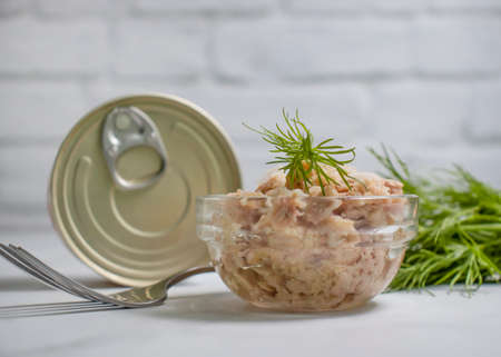Canned fish, jar, dill on a light background tunaの写真素材