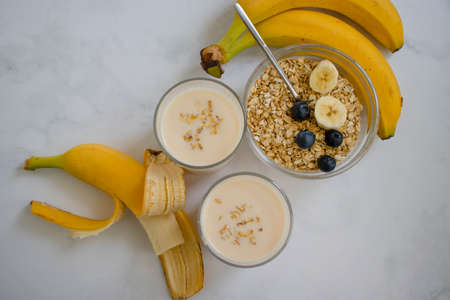 Yogurt, banana, oatmeal, healthy breakfast smoothie