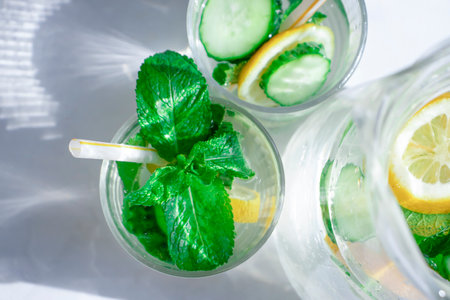 Water with lemon, cucumber, mint on a light backgroundの写真素材
