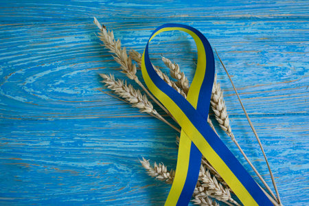 Ribbon yellow-blue bread ears on wooden backgroundの写真素材