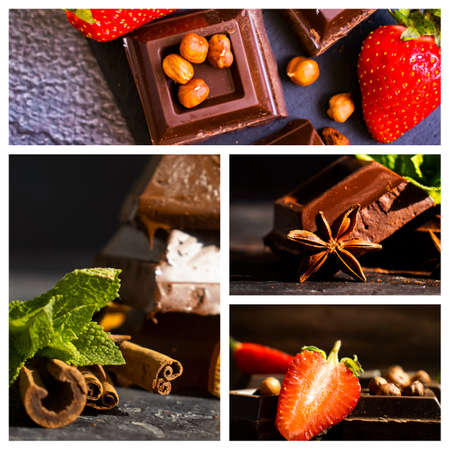 Black chocolate, strawberries, mint on a dark background