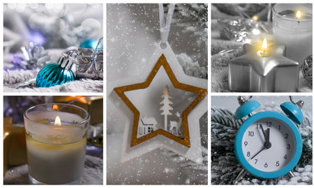 Candle, Christmas tree branch, toy background collageの写真素材