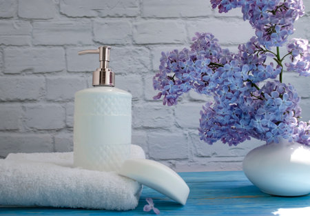 Soap cosmetic flower lilac on a light backgroundの写真素材