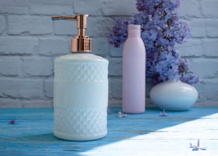 Soap cosmetic flower lilac on a light backgroundの写真素材