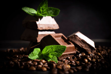 Chocolate, mint leaf, coffee beans on a dark backgroundの写真素材